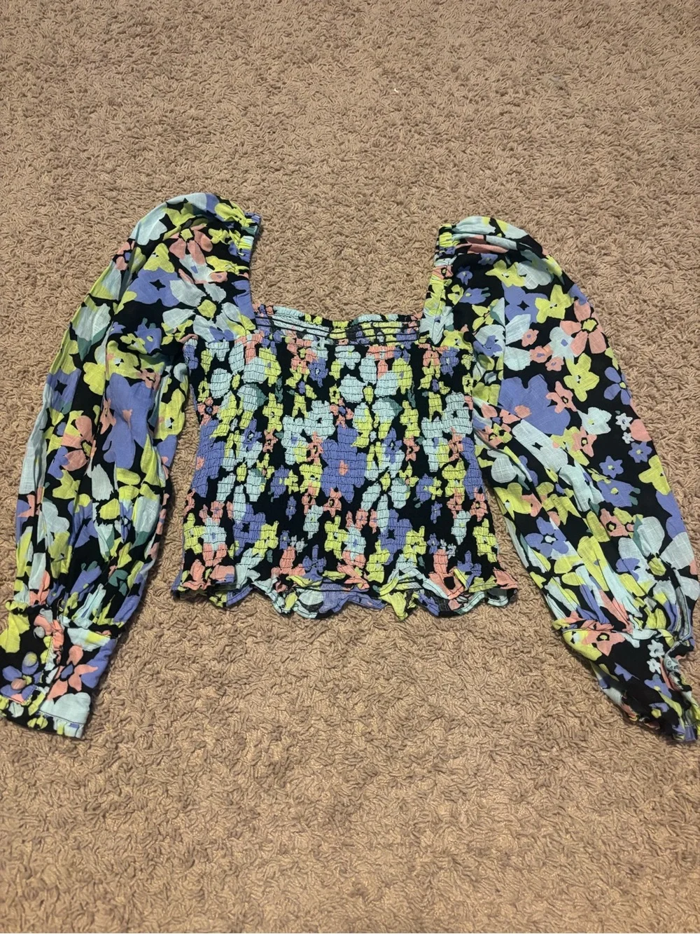 Free people Smocked Floral Off-Shoulder Peasant Top in Black and Pastel
